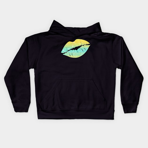 Bright Teal Yellow Ombre Faux Glitter Lips Kids Hoodie by Felicity-K